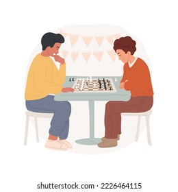 Chess club isolated cartoon vector illustration. Children sit at table play chess, thinking on strategy, intellectual student club, middle school elective activity, competition vector cartoon.