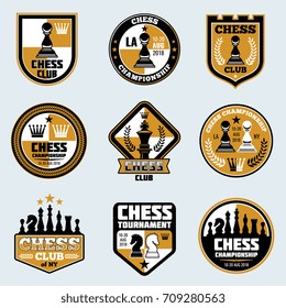 Chess club labels. Business strategy vector logos and emblems. Game chess logo tournament and championship illustration