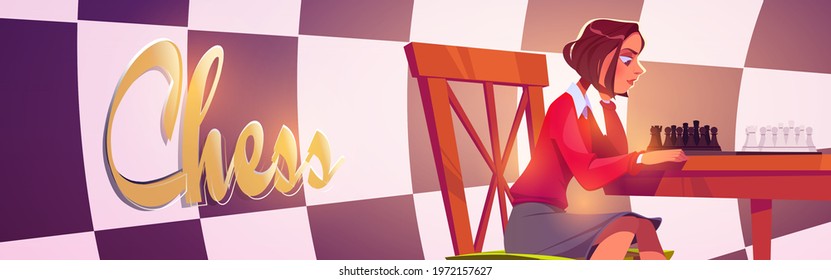 Chess club landing page, young girl playing board game moving figures on chessboard during training or competition, woman play on intelligence tournament, thinking next move, Cartoon vector web banner