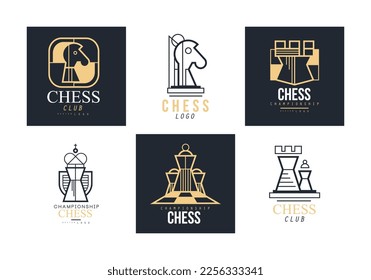 Chess Club Logo Design with Pieces on Game Board Vector Set