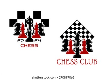 Chess club sport emblems or symbols with chessmen ant turned chess board