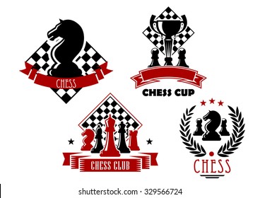 Chess club and tournament cup icons with king, queen, bishop, knight, rook and pawn pieces, trophy cup and chessboards, framed by laurel wreath, ribbon banners and stars 