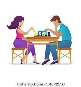 Chess club tournament, family couple leisure activity. Young man and woman sitting at table and playing strategic board game together. Joint pastime during quarantine. Flat vector illustration