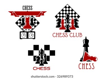 Chess club and tournament symbols with pawn, rook, knight and king chessmen