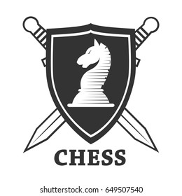 Chess club vector horse and shield label or badge icon template