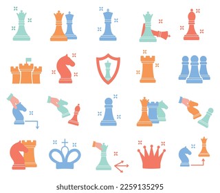 Chess color icons set. Collection of graphic elements for website. Queen, rook, knight, queen and king. Competition and sport, game. Cartoon flat vector illustrations isolated on white background