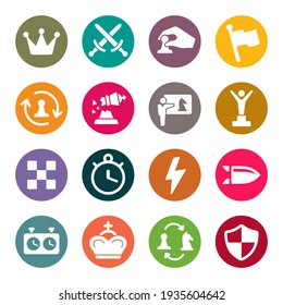 Chess colourful vector icons. Game, tournament, checkmate, learning, game clock, move, bullet, rapid, blitz and other chess symbols.