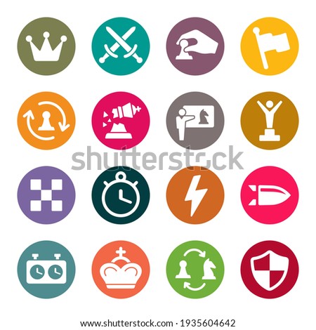 Chess colourful vector icons. Game, tournament, checkmate, learning, game clock, move, bullet, rapid, blitz and other chess symbols.