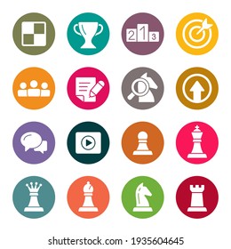 Chess colourful vector icons. Chess pieces, game, tournament cup, learning, chat and other symbols.