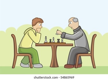 Chess competition: teen vs. senior. They play in the park.