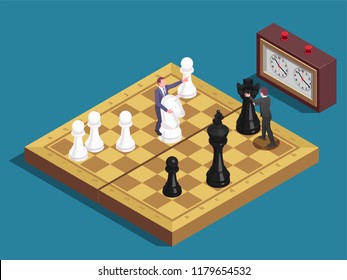 Chess concept allegoric isometric composition with players moving knight and queen chessboard pieces as business managers vector illustration 