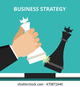 Chess as a concept business or politic strategy. Businessman hand use white king checkmate the black king. Concept of success. Flat vector illustration.