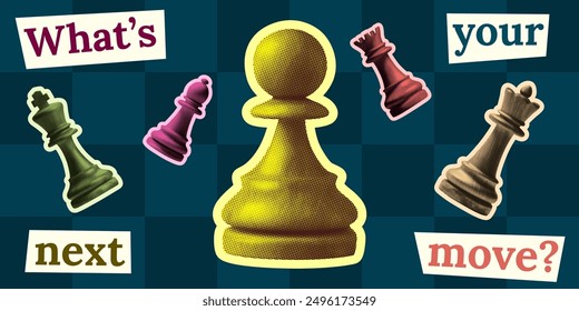 chess concept card cover poster design set with isolated elements queen king bishop rook pawn pieces retro halftone collage element on checkered background banner template for web social media ads