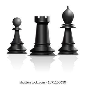 Chess concept design. Pawn, rook and bishop. Chess pieces isolated on white background. Vector illustration