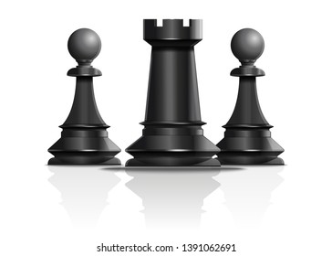 Chess concept design. Rook and two pawns. Chess pieces isolated on white background. Vector illustration