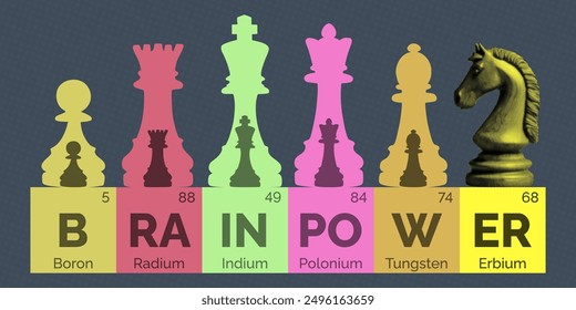 chess concept intelligence brain poster design with text from names of chemical elements with knight queen king bishop rook pawn pieces silhouette and halftone collage template for social media print