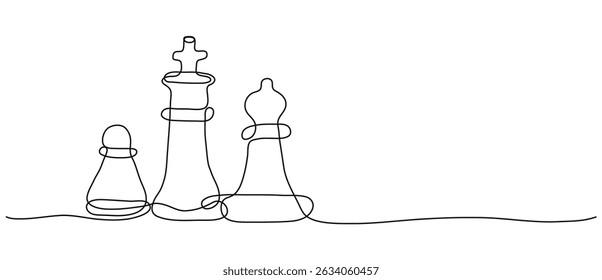 Chess in continuous one line art style. Minimalist black drawing on white background with copy space. Hand drawn pawn rook and king with editable stroke. Outline game element