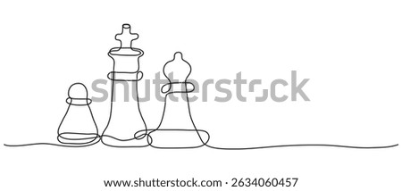 Chess in continuous one line art style. Minimalist black drawing on white background with copy space. Hand drawn pawn rook and king with editable stroke. Outline game element