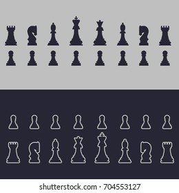 Chess. Contour and flat icons. Vector image.