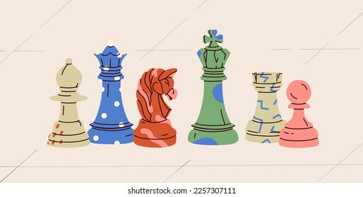 Chess in crazy vibrant colors. Trendy board game for teenagers. Intelligence development concept. King, queen, bishop, pawn, knight, rook figures with colored patterns. All items are isolated svg