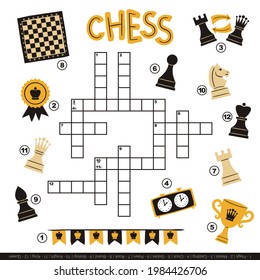 Chess crossword for kids. Children's smart game with cartoon elements. Set of hand drawn chess pieces, checkerboard, cup, flags, goblet. Vector illustration 