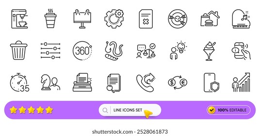 Ajedrez, cambio de divisas y Filtrar iconos de línea para Web App. Paquete de iconos de pictogramas de helados, abogados, centro de llamadas. Cafetera, archivo de Borrar, señales de llamada de Compartir. Piano, Gusanos, Rueda dentada. Vector