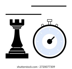 Xadrez, habilidades para tomar decisões, gestão do tempo, competição, pensamento crítico, planejamento estratégico. Torre preta de xadrez e cronômetro com linhas minimalistas. Conceito de gerenciamento de tempo e xadrez