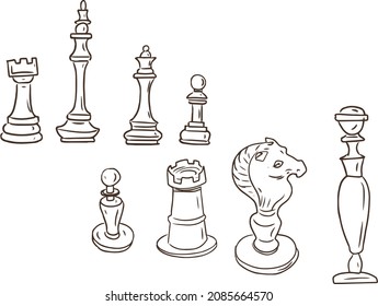 Chess doodle sketch line graphics vector hand drawn games tournaments. Separate elements of the figure on a white background