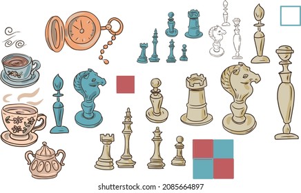 Chess doodle sketch line graphics vector hand drawn games tournaments. Separate elements of the figure on a white background