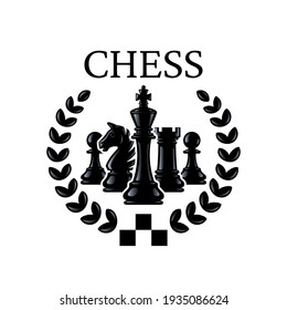 Chess emblem. Chess Pieces King, Knight, Rook, Pawns with a wreath. Vector illustration isolated on white.