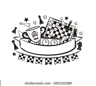 Chess emblem with ribbon for text, chess pieces, cup, clock and board. Logo for a chess club or competition. Garland of checkered flags. Black and white Vector illustration for sporting events