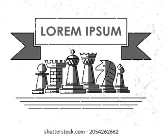 Chess emblem with ribbon for text, chess pieces. Logo for a chess club or competition. Black and white Vector illustration for sporting events.