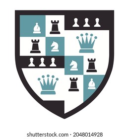 Chess emblem. Shield with chess pieces vector illustration. 