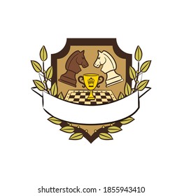 Chess emblem with shield, ribbon for text, gold cup and laurel wreath. Logo for a chess club or competition. Vector illustration for sporting events