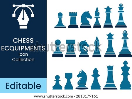 Chess equipments icon collection, various chess pieces for strategy games.