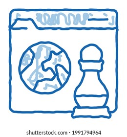 figura de ajedrez y tierra en el portador de iconos de esbozo del sitio web. Dibujo manual de la línea azul del doodle de la figura del ajedrez y el símbolo de la tierra en el sitio web. ilustración de símbolo aislado