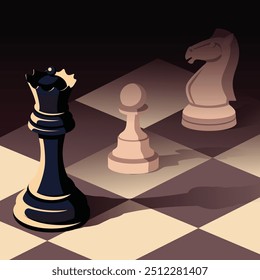 Chess figure on the board. Hourse, king and pawn. Dark side of game.Vector illustration