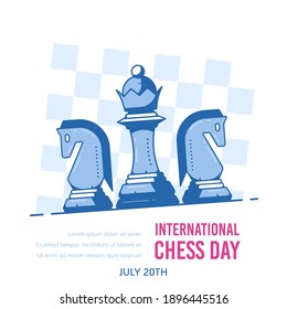 Chess Figures Against Chess Board Isolated on White Background. International Chess Day Banner