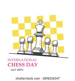 Chess Figures Against Chess Board Isolated on White Background. International Chess Day Banner