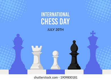 Chess Figures Against Chess Board Isolated on White Background. International Chess Day Banner