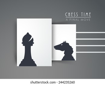 Chess figures bishop and knight for chess time on grey background.