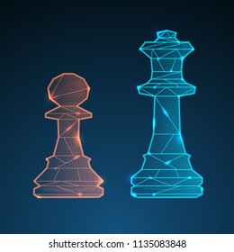 Chess figures. Blue queen and red pawn shining silhouettes