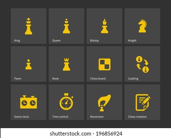 Chess figures and board icons. Vector illustration.