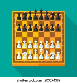 Chess figures and board set in flat modern style for design concept and web design. Vector illustration.
