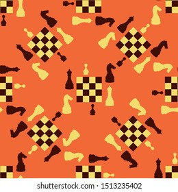 Chess figures with a chessboard on a colored background. Pattern.