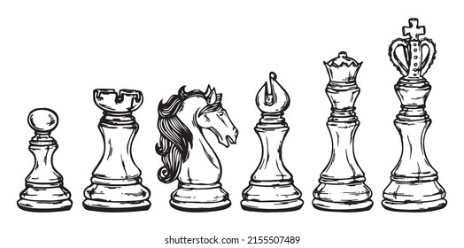 Chess figures hand drawn illustration. Outline vector illustration. 
