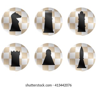 Chess figures icon set. Cheese strategy and chess pieces, chess king and playing chess game, king and queen, bishop and knight or pawn and rook. Vector flat design illustration