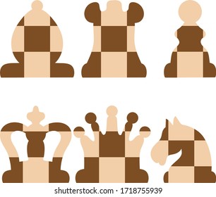 Chess figures. Icons set, two colors figures isolated on white background, vector illustration. King, queen, rook, pawn, knight, and bishop