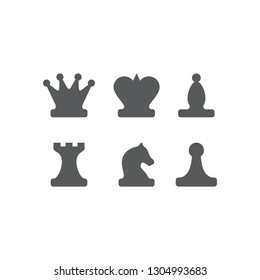 Chess figures king, queen, bishop, knight, rook, pawn. Set of two vector icons. Flat design. Monochrome