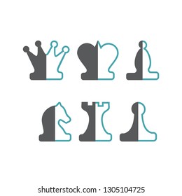 Chess figures king, queen, bishop, knight, rook, pawn from two halves. Set of two vector icons. A half is integral, the second - an inking. Flat design. Monochrome
